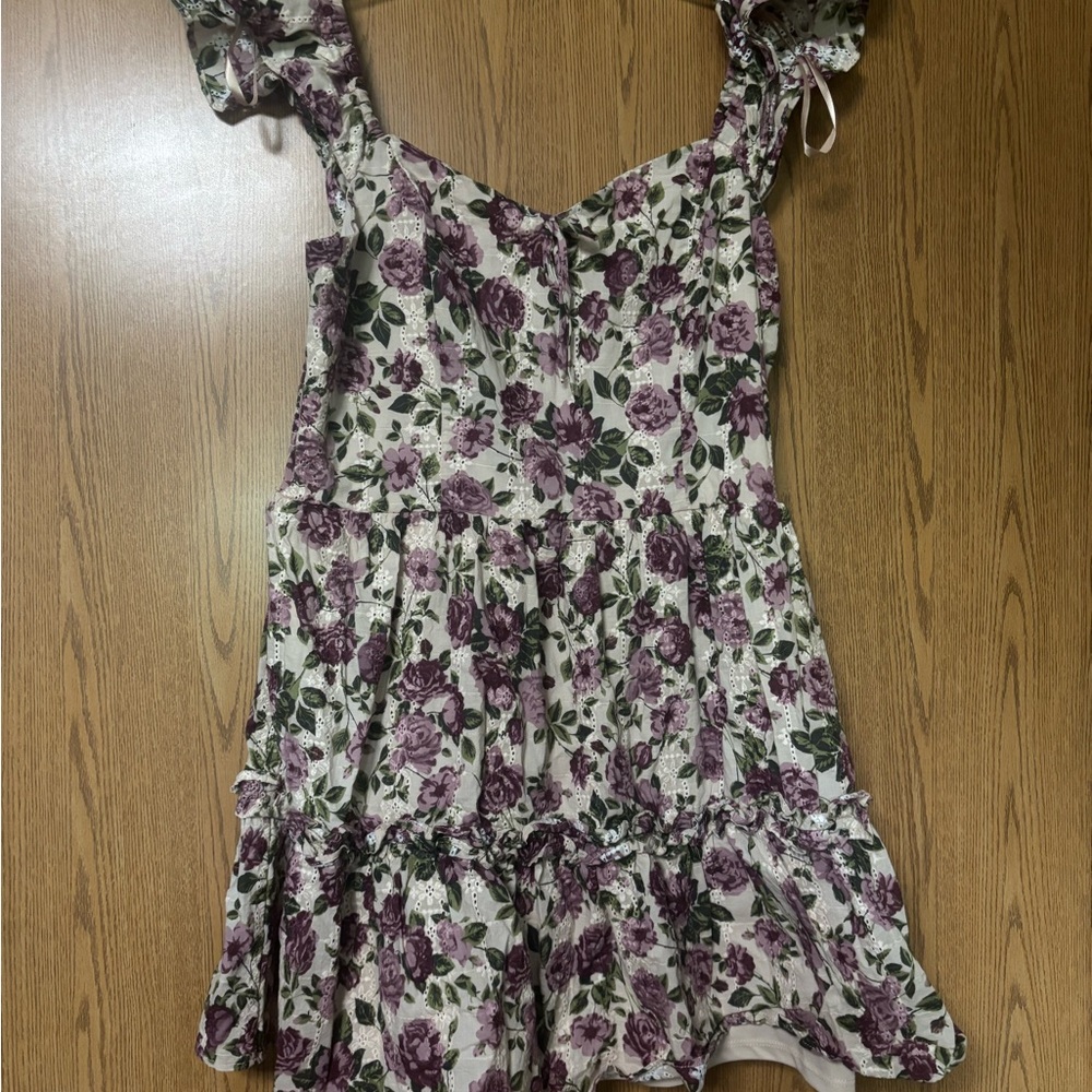 Francesca's Cream Floral Tie-Strap Mini Dress with Purple Roses